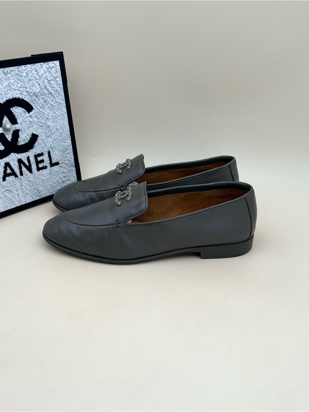 CHANEL Gray Leather CC-Embellished Slip-On Loafers